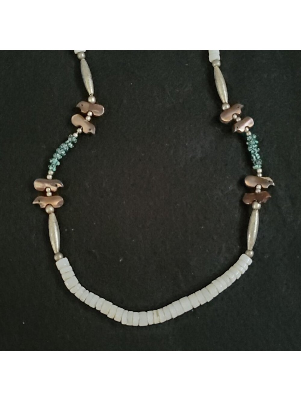 Vintage Heishi Fetish Necklace Bear Brown White Silver Tone Southwestern 24"